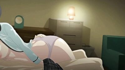 Full-bosomed anime girl shakes massive tits riding hard cock