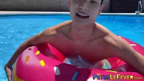 Sweet looking twink Kai Cho tugs his meaty bulge and cums all over himself