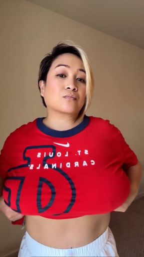 Woman in red shirt