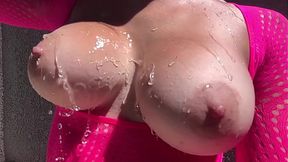 Italian MILF with perfect rocking big tits wanks outside