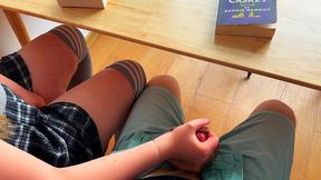 Hot college girl gives sloppy hand job with panties and foot job under