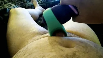 Hairy chubby guy uses wand toy for intense solo cumshot