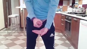 Hung Guy Strokes Big Cock and Cums in New Kitchen