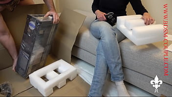 Femdom trainer dominates slave with cage and sex machine