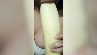 Vulgar sluts blowing cucumber