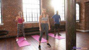Hot FFM threesome in aerobics class