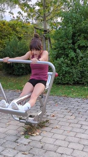 Outdoor Workout with Vibrator for Ass and Cock! Tranny Cums Straight Into Her Shorts!