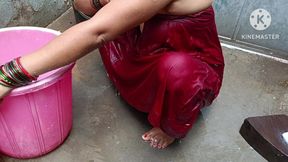 Indian Wife Bathing Outside