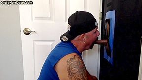 Mature gay cum addict blows gloryhole rod at his home