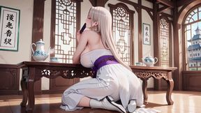 White Kimono Maid! Kneeling in the Japanese Corridor, Huge Slit Revealing Wet Thighs Under the Sun.