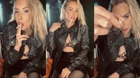Your Leather Queen smokes vs 120 Menthol in Leather jacket, Skirt & Nylons