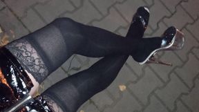 stripper high heels with skirt in public - crossdressing