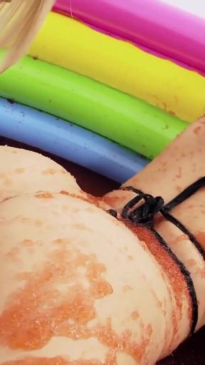 Two sexy lesbians are rolling in the mud pool and having some soft BDSM action   Clip 3