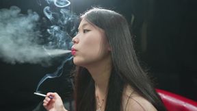 Glamorous Asian Beauty Smoking Cigarette and Exhaling Dense White Smoke — TIAN3 4K