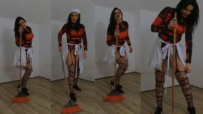 Naughty Maid Teases with Broom and Mop in a Dusty Room
