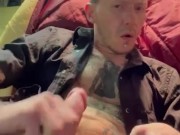 Beermunkie in black curious guy  jerking that white trash punk  huge cock until he tastes his own cu