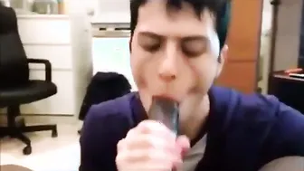 Twink amateur gives interracial blowjob to big black cock