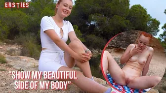 German amateur redhead masturbates her shaved wet pussy outdoors