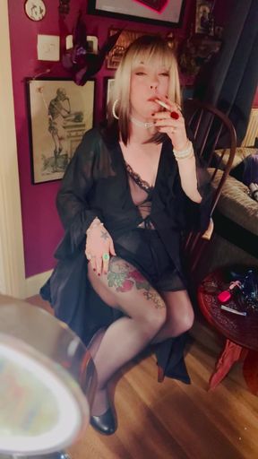 Nylon Clad Mature Tina Snua Smoking A Cigarette For You - Smoker Pantyhose Sheer High Heels