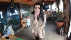 Golden Dress, Fur & Smoking - Hairy Pussy, Deep Blowjob & Hard Doggy on a Freezer