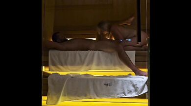 Milf strips stroking thick cock in public sauna