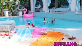 Petite teen dykes lick each other's pussies by the pool