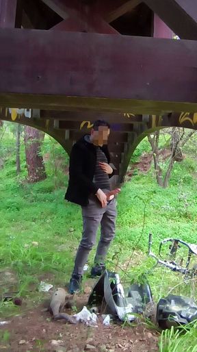 Jacking off Outdoors Under a Bridge and Cumming