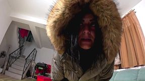 glossy fur hood downjacket. deepthroat, spit play, riding and cum dripping on my coat