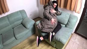 glossy fur hood downjacket. deepthroat, spit play, riding and cum dripping on my coat