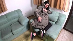 glossy fur hood downjacket. deepthroat, spit play, riding and cum dripping on my coat