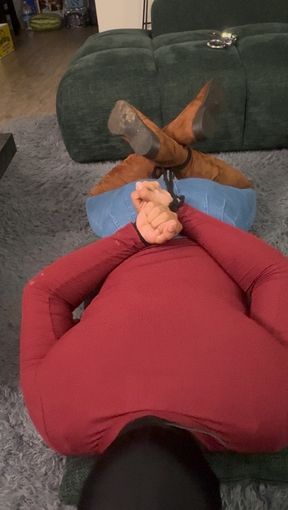 Cowgirl cross dresser hogtied, chair tied and gagged