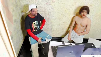 Asian twink jerks his big cock while older friend watches