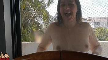 My wife show her tits on balcony for workers see