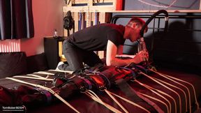 Edging the Boy in Leather Bondage but He Is Not Allowed to Orgasm