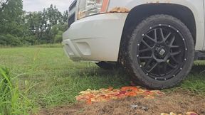 Chrissy running over more veggies with new tires
