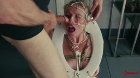 Aroused human toilet swallows loads and takes rough face banging and rear fucking