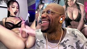 goth asian babe gets her hard girl cock jerked off until she cums all over, ai generated