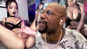 goth asian babe gets her hard girl cock jerked off until she cums all over, ai generated