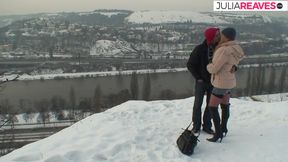 Sexy redhead rides a hard cock out in the cold snow