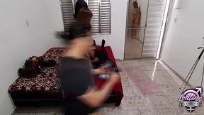 behind the scenes with a group of shemales trampling and cumming on a masked dude