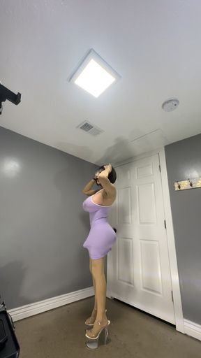 Hot trans CD in mini purple dress teasing huge cock and big tits