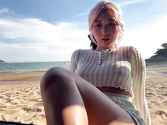 Stunning Pink-Haired Asian Beauty Teasing on Sunny Beach
