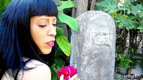 frustrated slim black hair widow seduce to risky fuck by stranger at parody roleplay