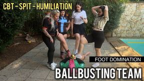 Louise Marcada And Three Femdom Goddesses Humiliate Pig Slave With Spit, Ballbusting And Stomp Him With Muddy Sneakers (720p - EN sub - humiliation - CBT - dirty feet)