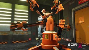 Robot shemale fucks busty brunette in sci-fi lab