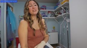 POV Nervous Luna follows doctors instructions and take a covid test and then the doctor returns and says I need a vaccine but not in my arm but on my butt Wearing: Jean and a tank top with white latex Gloves