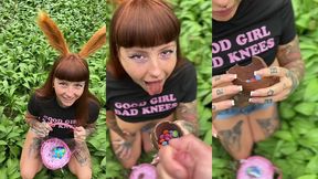 naughty bunny gives blowjob and gets a huge facial! she loves cum filled chocolate eggs!