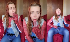 Spider-Trans Chokes Gushes Drool Destroyed on Pink Dildo