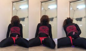 Lycra Tranny Hands Free Cum Gushes Riding Purple Butt Plug Destroyed
