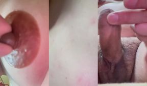 Chubby perverted Japanese shaking his dick while pinching big nipples
